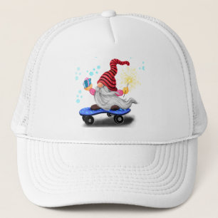 Skater Gnome with Gifts and Sparkler Trucker Hat