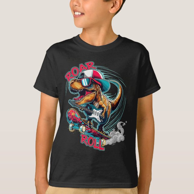 Skater Guitar T-rex Roar Roll Dinosaur For Boys Me T-Shirt (Front)