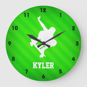 Skater; Neon Green Stripes Large Clock