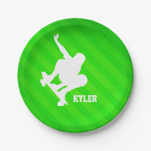 Skater; Neon Green Stripes Paper Plate