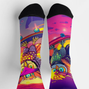 Skater Owls– Neon Sunset Vibes & Cool Owl Energy Socks
