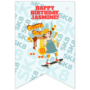 Skater Park Fun Girl Birthday Party Bunting Flags