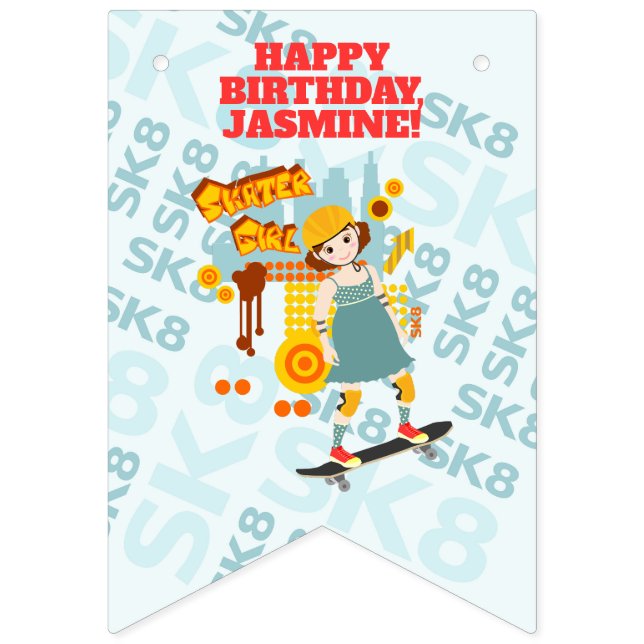 Skater Park Fun Girl Birthday Party Bunting Flags (First Flag)
