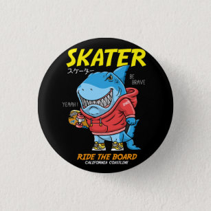 skater-shark-cartoon-skater-illustration-with-t-sh 1 inch round button