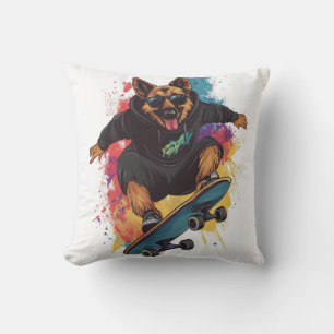 Skater Shepherd � Cool Skateboard Dog Throw Pillow