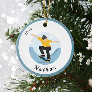 Skater Skateboarding Boy Custom Kid Name & Year Ceramic Ornament