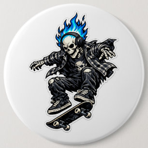 Skater Skeleton with Blue Flame Hair Sticker 6 Inch Round Button