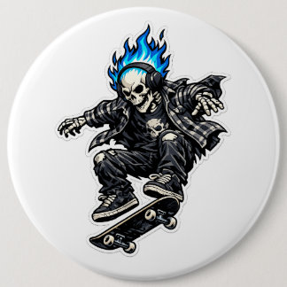 Skater Skeleton with Blue Flame Hair Sticker 6 Inch Round Button