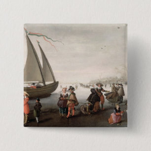 Skaters and a golf party on the ice 2 inch square button