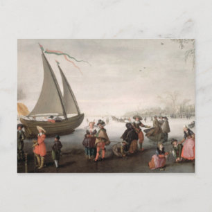 Skaters and a golf party on the ice postcard