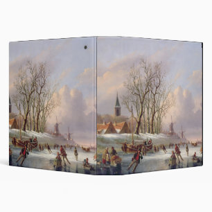 Skaters on a Frozen River before Windmills (oil on Binder