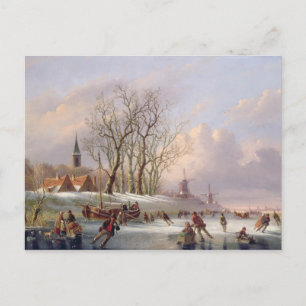 Skaters on a Frozen River before Windmills (oil on Postcard