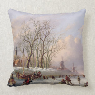 Skaters on a Frozen River before Windmills (oil on Throw Pillow