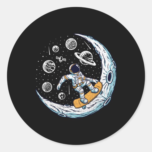 Skating Astronaut Moon Skater Skateboard Classic Round Sticker (Front)