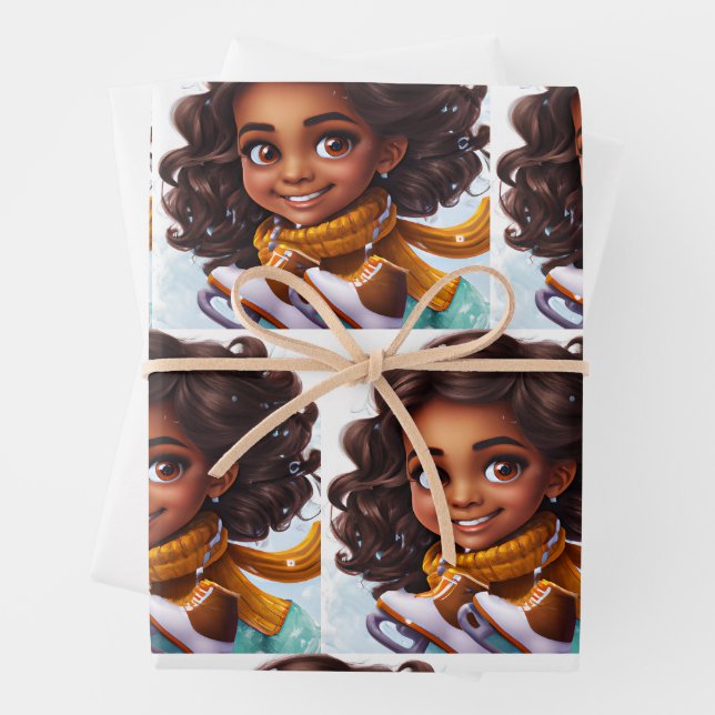 Skating  Brown Skin Girl in the snow  Wrapping Paper Sheet (In situ)