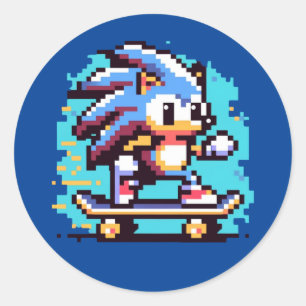 Skating Hedgehog: 8-Bit Pixel Adventure Pixel Art Classic Round Sticker