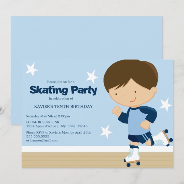 Skating Party | Brunette boy Invitation (Front/Back)