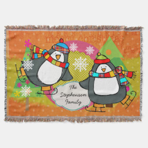 Skating Penguins and Christmas Trees Holiday Throw