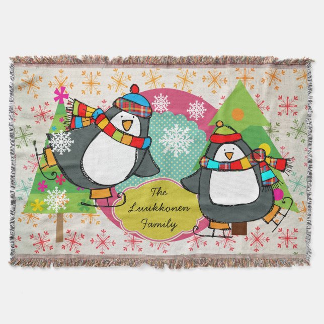 Skating Penguins and Snowflakes Holiday Throw Blanket (Front)