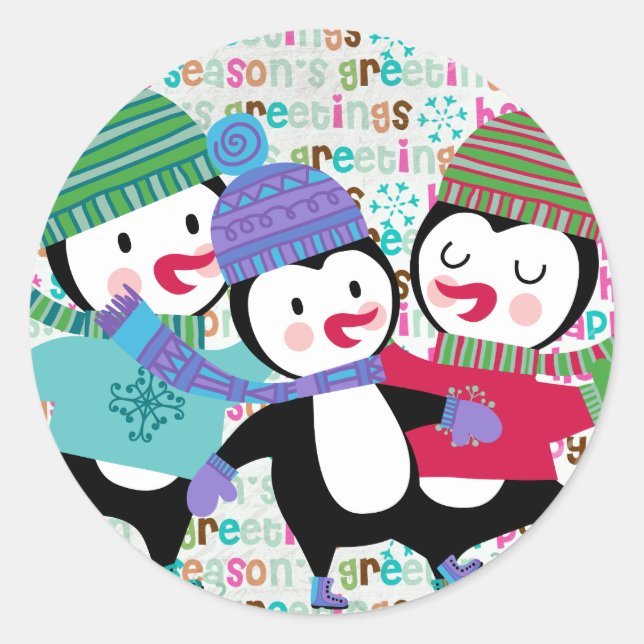 Skating Penguins Holiday Round Sticker (Front)