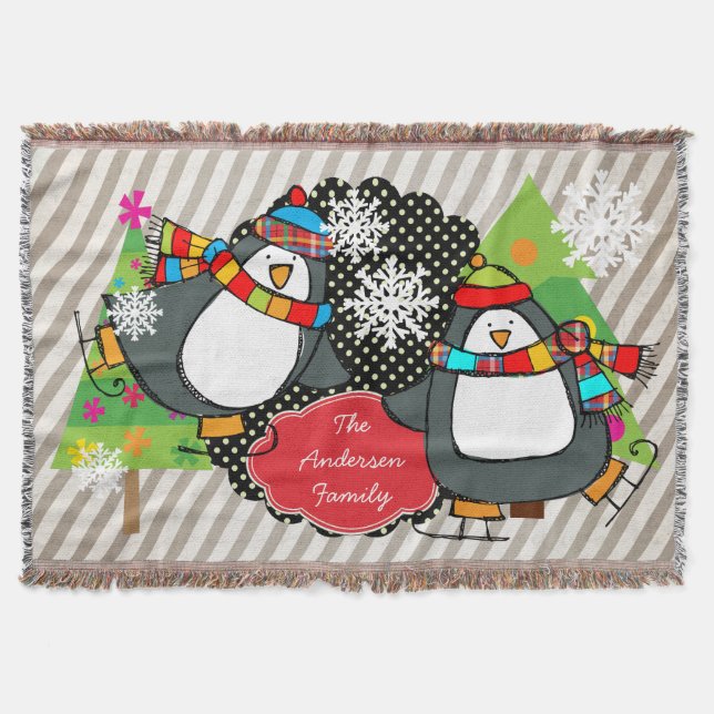 Skating Penguins Personalized Holiday Throw (Front)