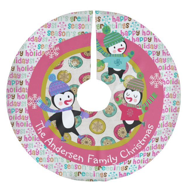 Skating Penguins Personalized Holiday Tree Skirt 4 (Front)