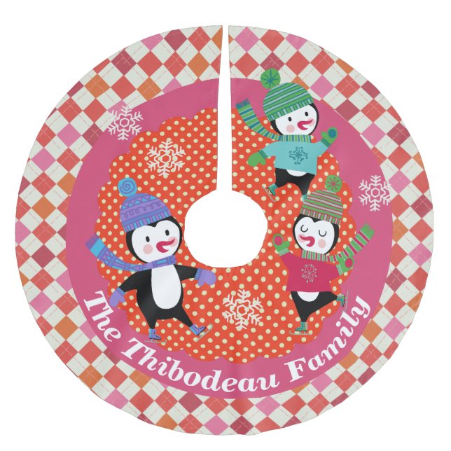 Skating Penguins Personalized Holiday Tree Skirt 5 (Front)