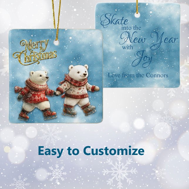 Skating Polar Bears Christmas New Year Ceramic Ornament (Creator Uploaded)