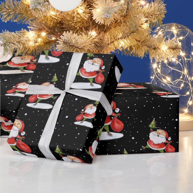 Skating Santa Cute Christmas watercolor drawing Wrapping Paper (Holidays)