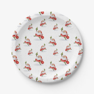 Skating Santa Cute Christmas Watercolor Pattern Paper Plate