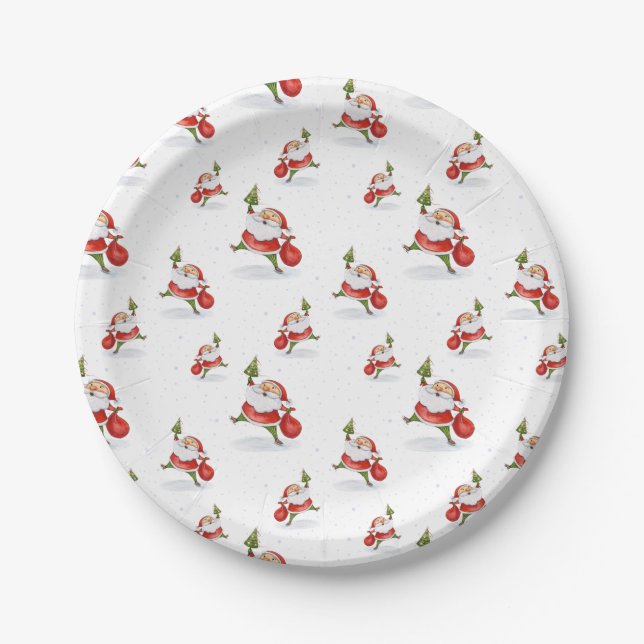Skating Santa Cute Christmas Watercolor Pattern Paper Plate (Front)