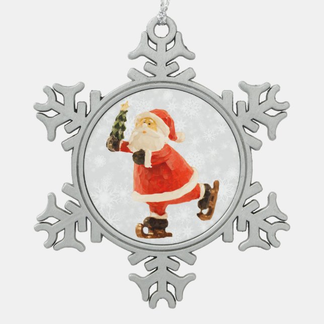 Skating Santa with Tree Snowflake Pewter Christmas Ornament (Front)