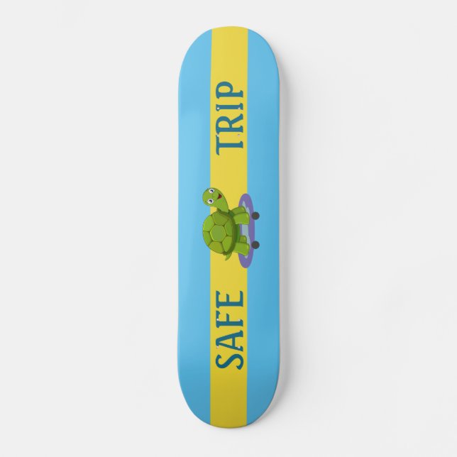 Skating turtle & calligraphy on turquoise & yellow skateboard (Front)