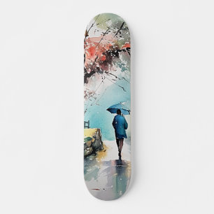 Skating with Woman Under Rain in Watercolor Art Skateboard