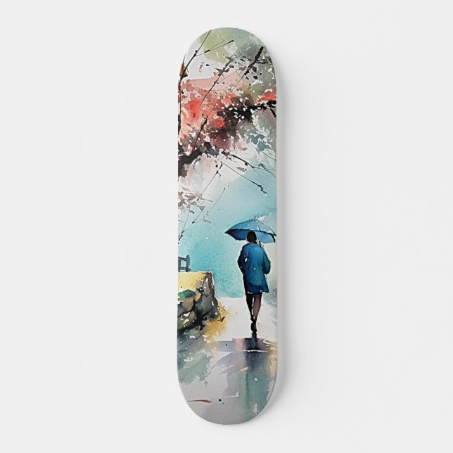 Skating with Woman Under Rain in Watercolor Art Skateboard (Front)