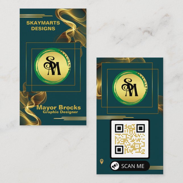 Skaymarts | Unique Green and Gold QR Code Modern  Business Card (Front/Back)