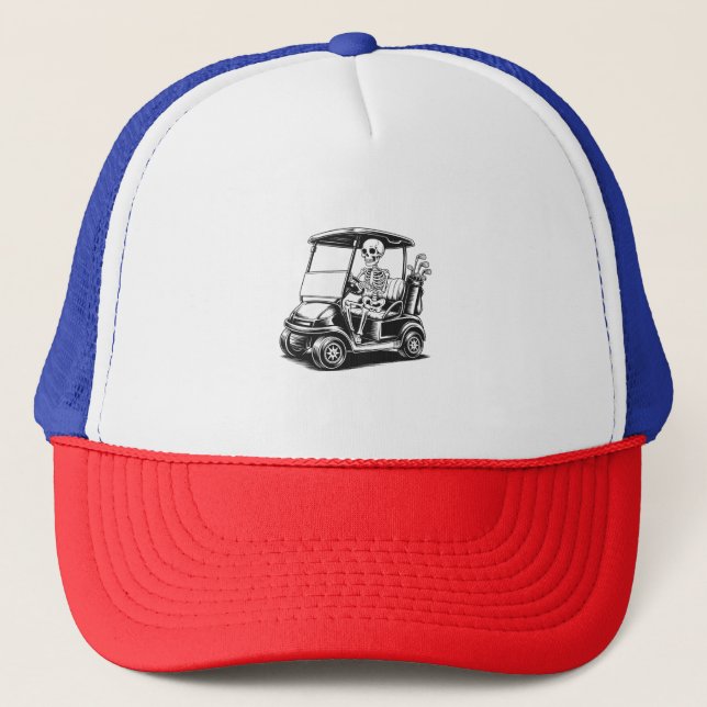 Skeletal Golfer Skull Playing Golf Trucker Hat (Front)