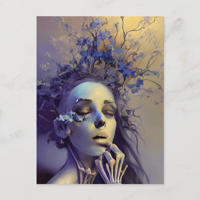 Skeletal Woman With Flowers Growing Out Her Skull Postcard (Front)
