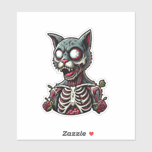 Skeletal Zombie Cat With Roses Sticker (Sheet)