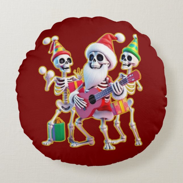 **Skeleton 3D Christm Santa Party – Funnyas Skelet Round Pillow (Front)