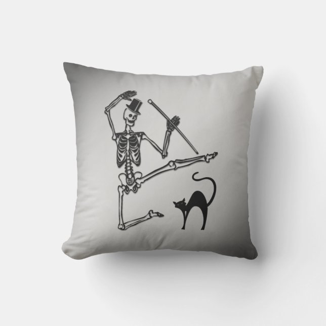 Skeleton and Black Cat Dance Halloween Outdoor Pillow (Front)
