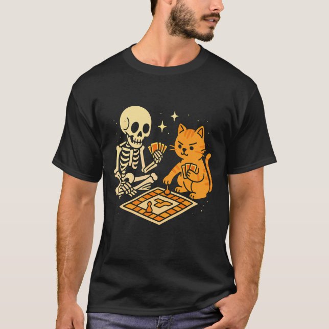 Skeleton and Cat Playing Board Game T-Shirt (Front)