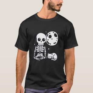 Skeleton and Cat with Full Moon Halloween T-Shirt