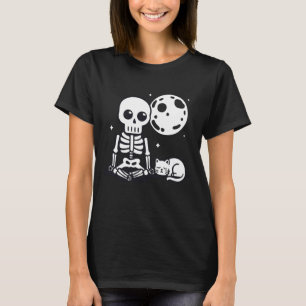 Skeleton and Cat with Full Moon Halloween T-Shirt