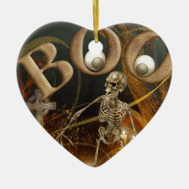 Skeleton and Grave Halloween Ceramic Ornament (Front)