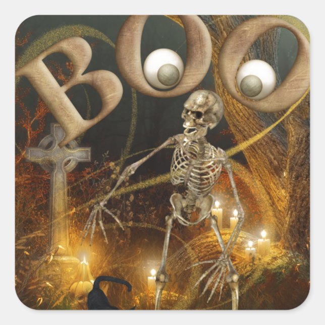 Skeleton and Grave Halloween Square Sticker (Front)