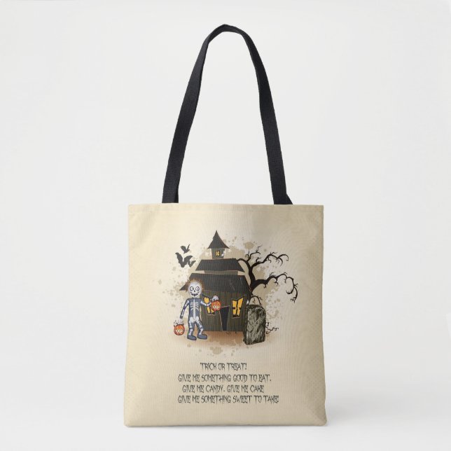 Skeleton and Halloween Haunted House Tote Bag (Front)