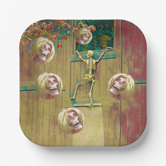 Skeleton and  Mocking Heads Halloween Paper Plate (Front)