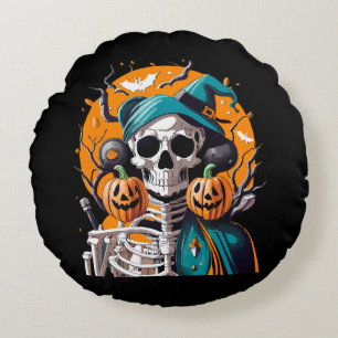 Skeleton and pumpkin round pillow