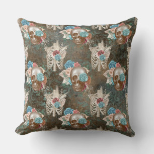 Skeleton and Skull with Roses Throw Pillow